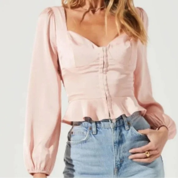 NEW ASTR Corset Peplum Top Blouse‎ Size Small Long Sleeves Romantic Baby Pink S - Picture 14 of 14